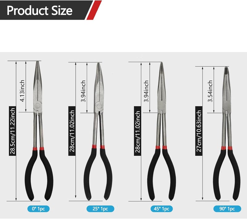 MFBJXC 4-Piece 11" Precision Long Nose Pliers Set with Insulated Comfort Grip Handles,Straight Long Needle Nose Pliers,25/45/90 Degree Angle Curved Pliers for Wire Bending,Shaping,Trimming - Image 4